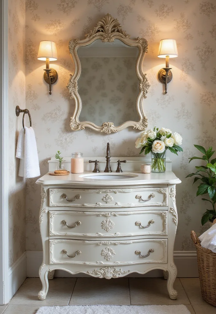 14 Antique Dresser Bathroom Vanity Ideas With Vintage Charm - 8. Romantic Vintage