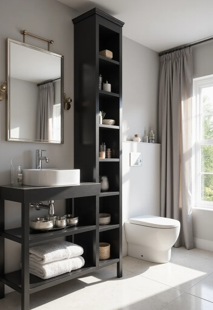 14 Bathroom Ideas With Black Fixtures For Modern Edge - 12. Black Shelving Units
