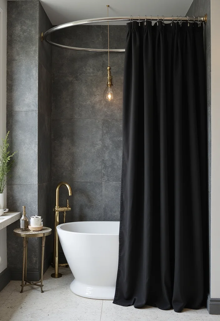 14 Bathroom Ideas With Black Fixtures For Modern Edge - 8. Black Shower Curtains