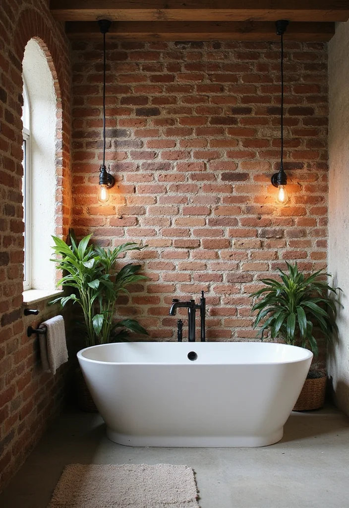 14 Brick Tile Bathroom Ideas With Rustic Texture - 1. Exposed Brick Accent Wall