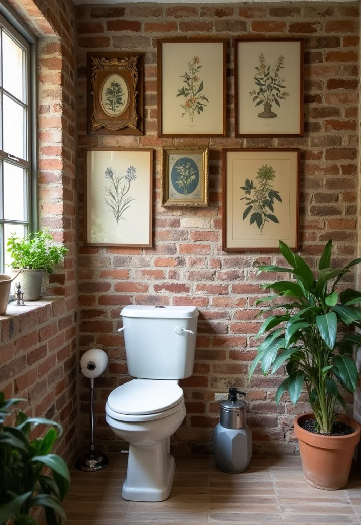 14 Brick Tile Bathroom Ideas With Rustic Texture - 10. Vintage Wall Art