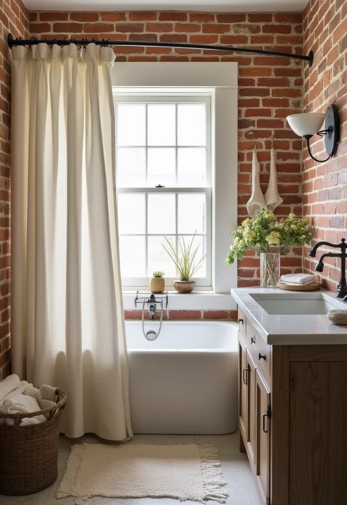 14 Brick Tile Bathroom Ideas With Rustic Texture - 11. Rustic Shower Curtains