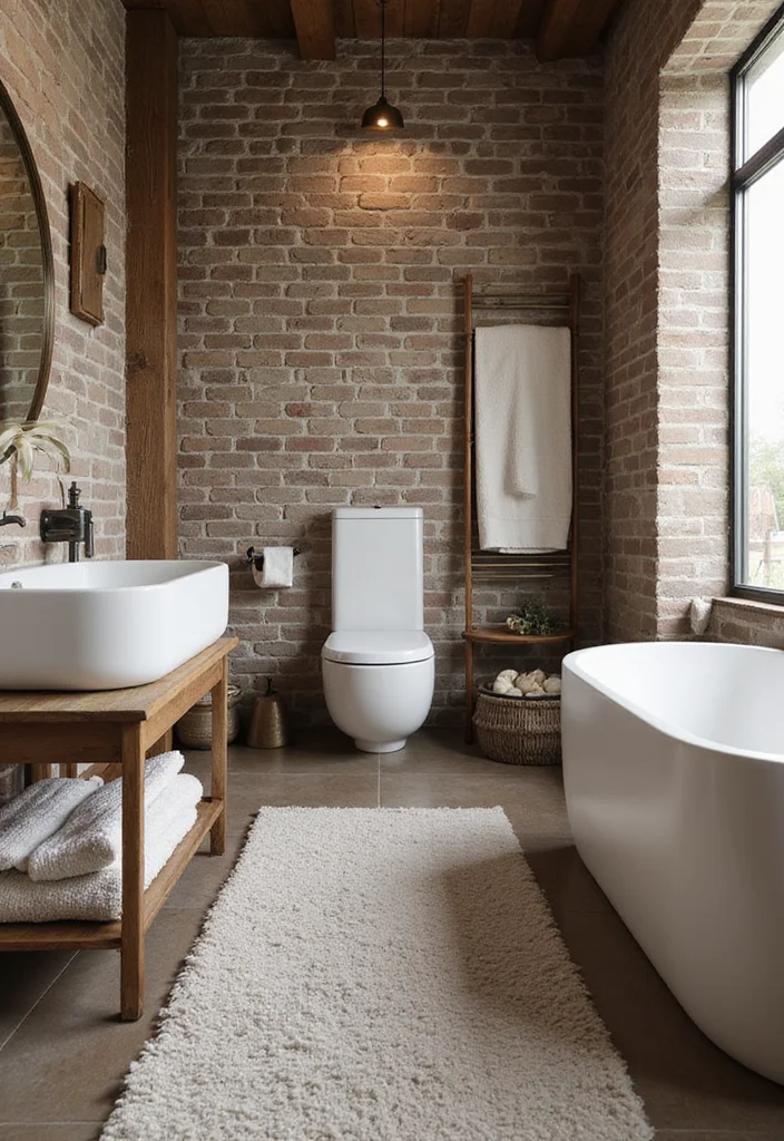 14 Brick Tile Bathroom Ideas With Rustic Texture - 13. Layered Textures