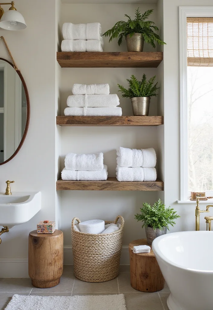 14 Brick Tile Bathroom Ideas With Rustic Texture - 7. Open Shelving