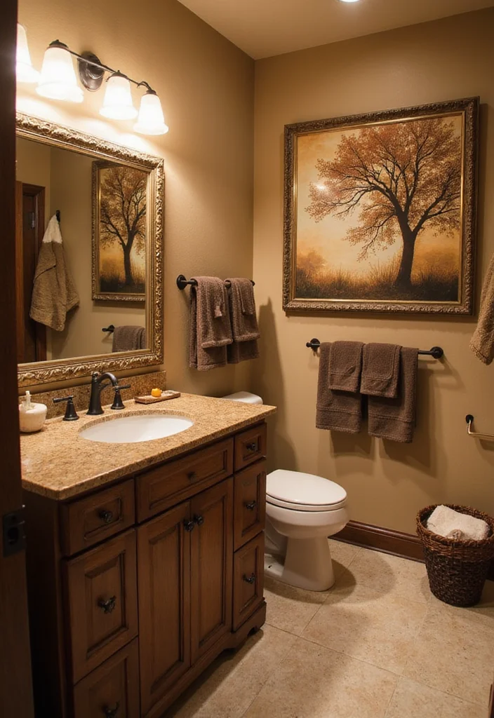 14 Brown Bathroom Ideas With Warm Comfort - 10. Wall Art with Nature Themes
