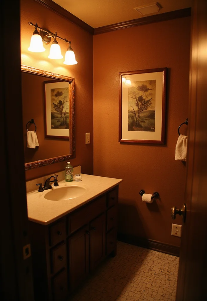 14 Brown Bathroom Ideas With Warm Comfort - 4. Warm Lighting Solutions