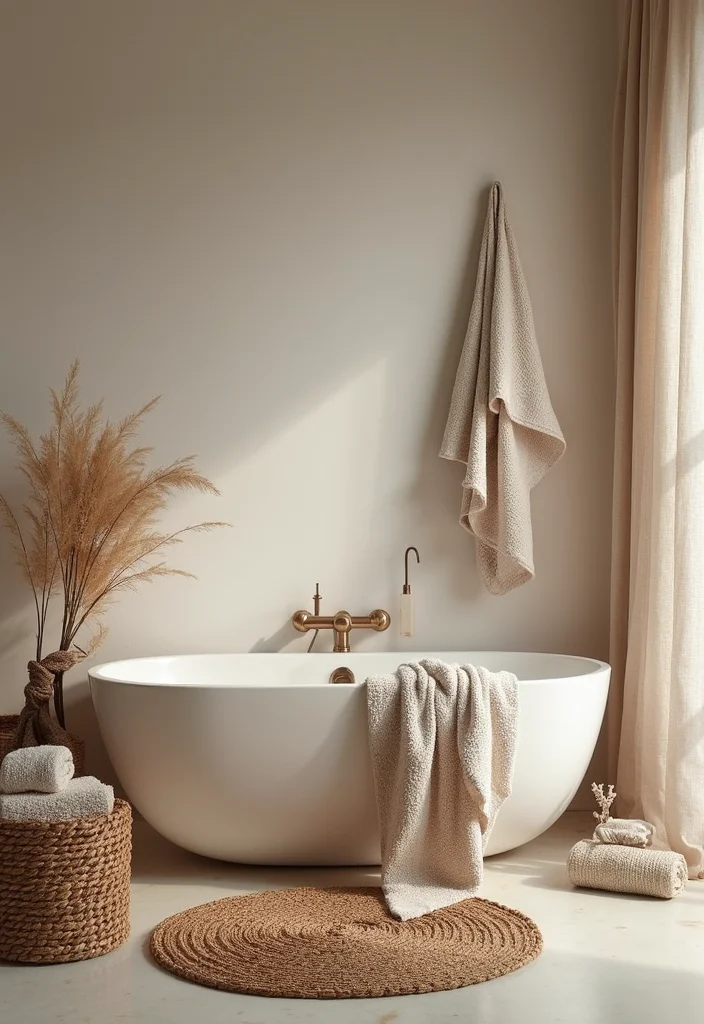 14 Brown Bathroom Ideas With Warm Comfort - 6. Textured Fabrics for Warmth
