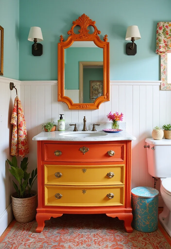 14 Dresser Turned Bathroom Vanity Ideas You Will Want To Try - 11. Retro Vibes with 70s Flair