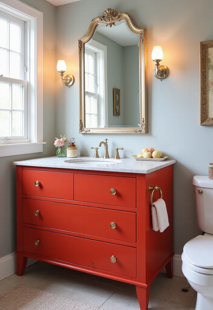 14 Dresser Turned Bathroom Vanity Ideas You Will Want To Try - 14. Color Pop for a Dramatic Effect