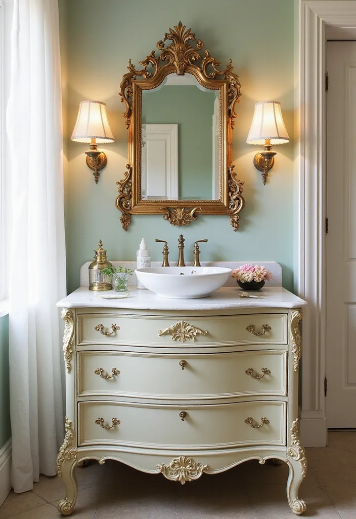 14 Dresser Turned Bathroom Vanity Ideas You Will Want To Try - 3. Vintage Elegance with Antique Detailing