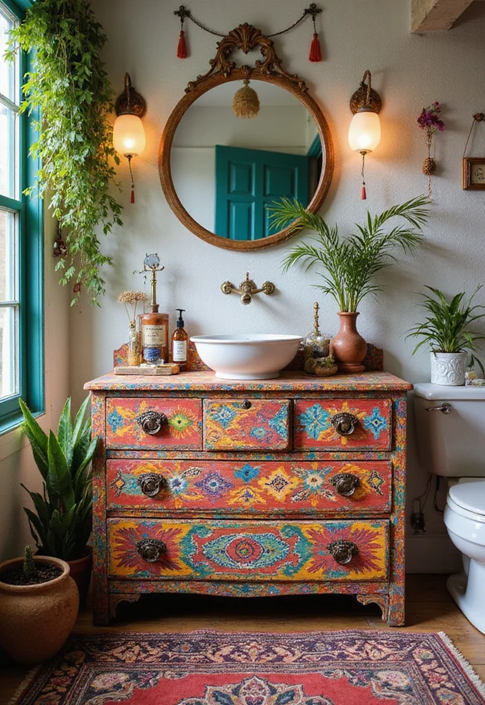 14 Dresser Turned Bathroom Vanity Ideas You Will Want To Try - 4. Bohemian Vibes with Colorful Patterns