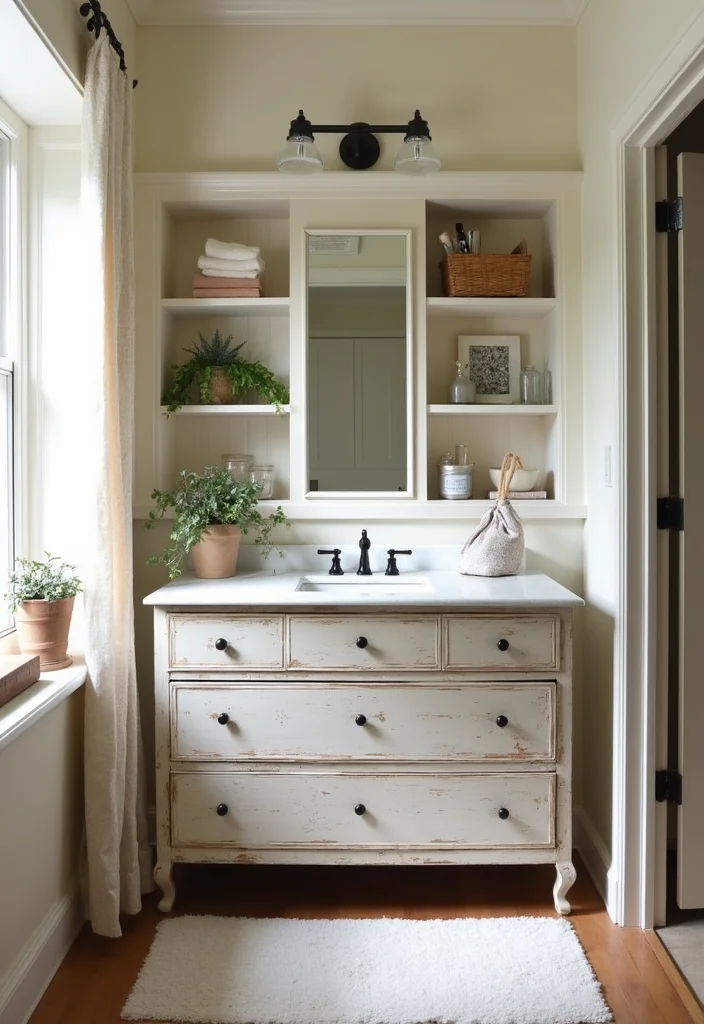 14 Dresser Turned Bathroom Vanity Ideas You Will Want To Try - 7. Farmhouse Fresh with Distressed Finishes