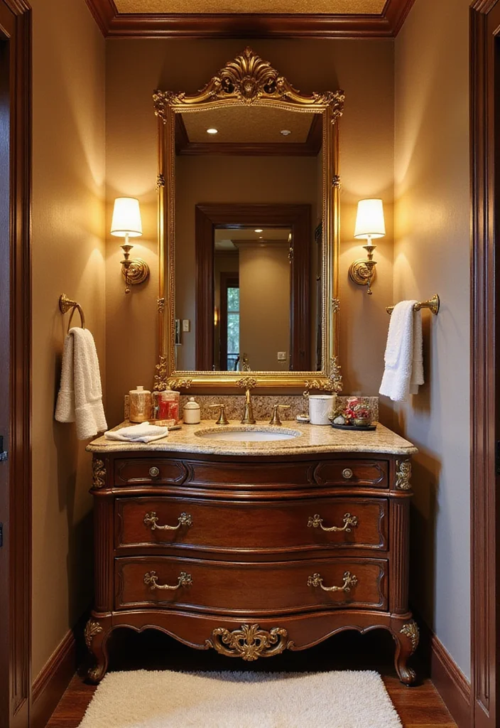 14 Dresser Turned Bathroom Vanity Ideas You Will Want To Try - 9. Elegant Glam with Gold Accents
