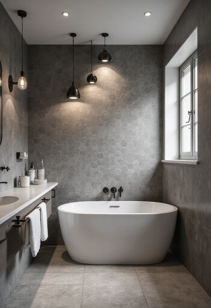 14 Grey Hexagon Tile Bathroom Floor Ideas - 10. Layered Lighting Options