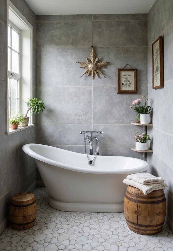 14 Grey Hexagon Tile Bathroom Floor Ideas - 12. Vintage Accents in a Modern Space