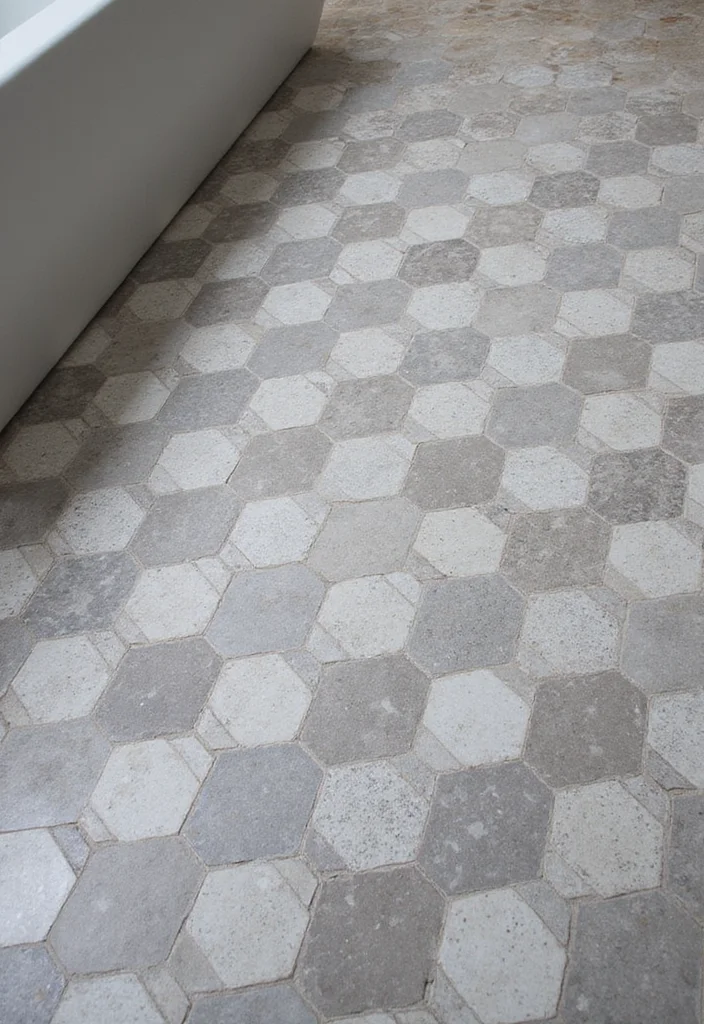 14 Grey Hexagon Tile Bathroom Floor Ideas - 3. Mixed Hexagon Patterns