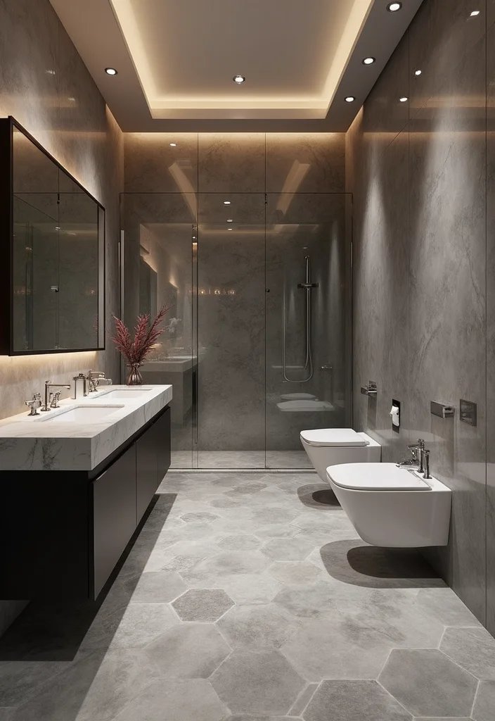 14 Grey Hexagon Tile Bathroom Floor Ideas - 4. Glossy Finish Glam