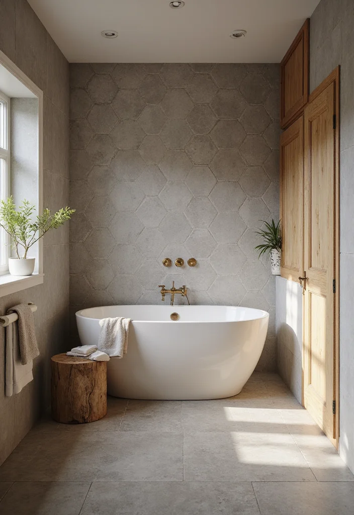 14 Grey Hexagon Tile Bathroom Floor Ideas - 9. Warm Grey with Natural Accents