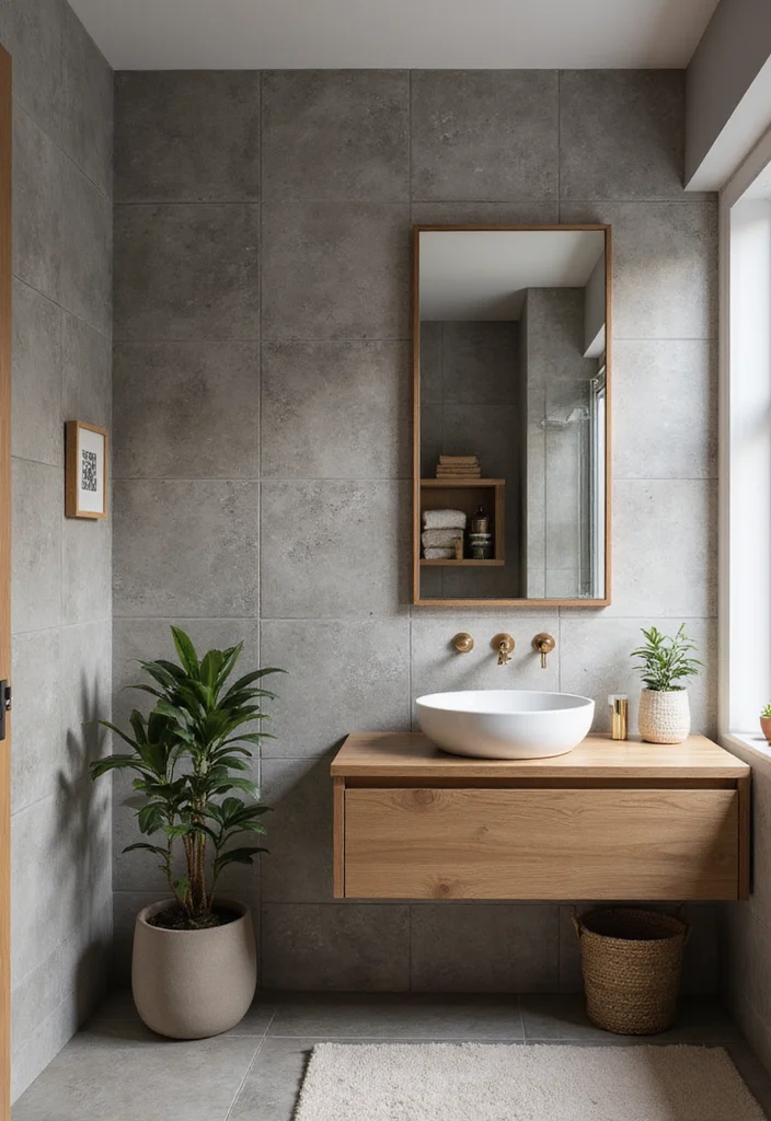 14 Grey Tile Bathroom Ideas With Modern Calm Style - 12. Grey Tiles with Wood Elements