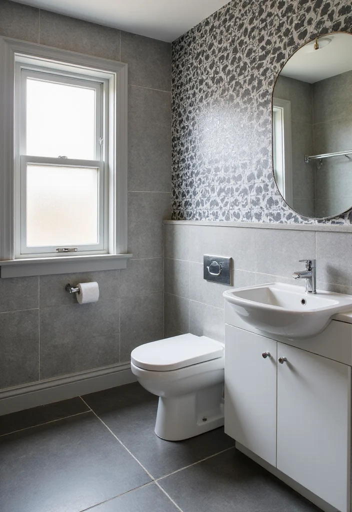 14 Grey Tile Bathroom Ideas With Modern Calm Style - 14. Grey Tiles with Patterned Wallpaper