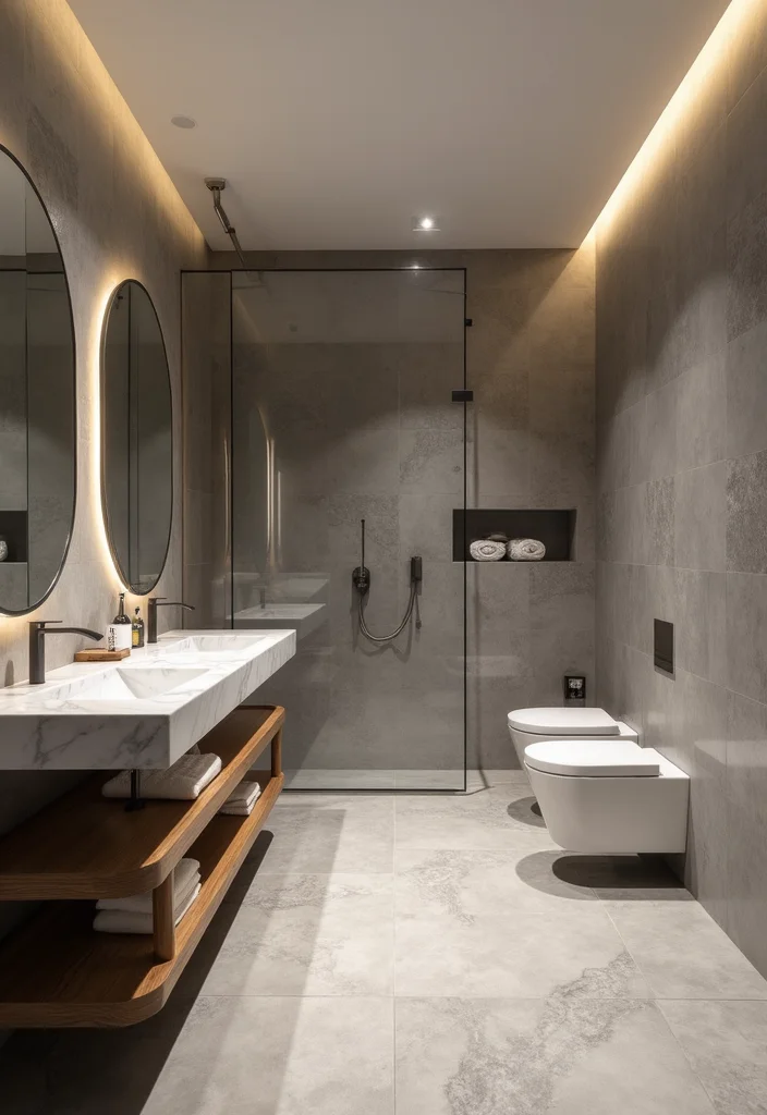 14 Grey Tile Bathroom Ideas With Modern Calm Style - 5. Grey Tile and Natural Stone Combination