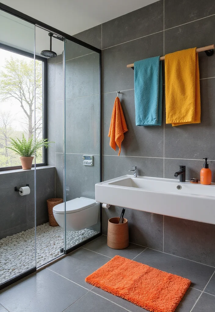 14 Grey Tile Bathroom Ideas With Modern Calm Style - 6. Grey Tiles with Pop of Color