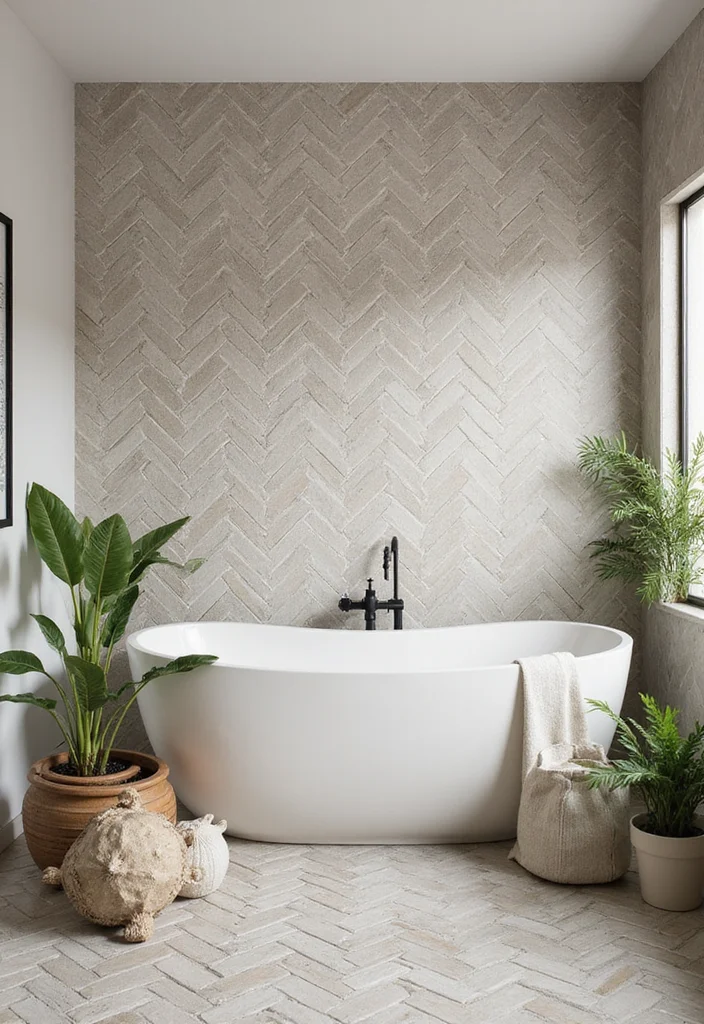 14 Herringbone Bathroom Tile Ideas For Modern Pattern Lovers - 11. Outdoor-Inspired Herringbone Spaces