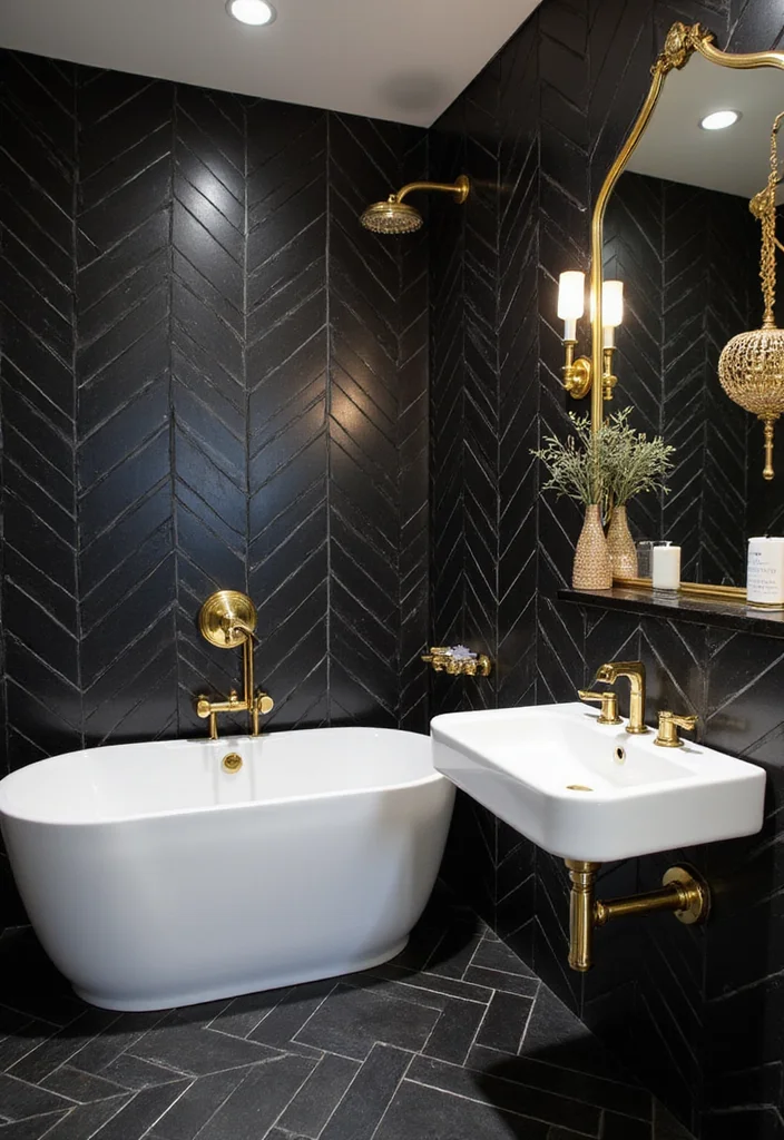 14 Herringbone Bathroom Tile Ideas For Modern Pattern Lovers - 2. Bold Black Herringbone Statement