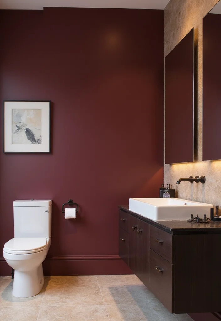 14 Maroon Bathroom Ideas With Rich Colour - 1. Bold Maroon Feature Wall