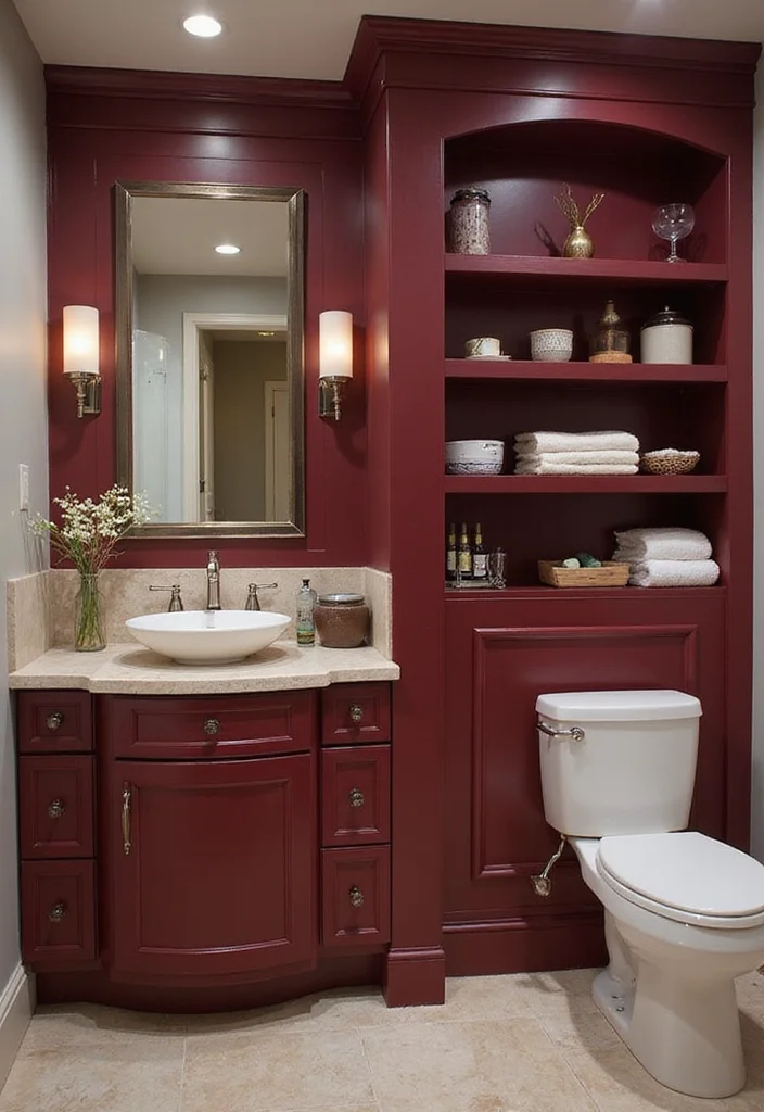 14 Maroon Bathroom Ideas With Rich Colour - 13. Integrated Storage Solutions