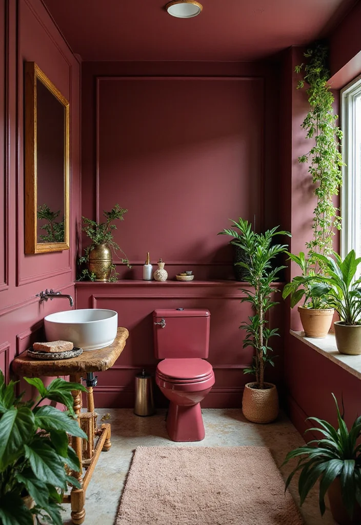 14 Maroon Bathroom Ideas With Rich Colour - 14. Accent with Greenery