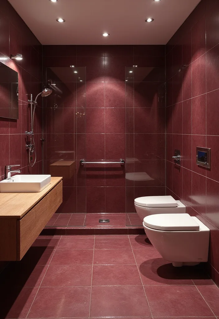14 Maroon Bathroom Ideas With Rich Colour - 2. Elegant Maroon Tiles
