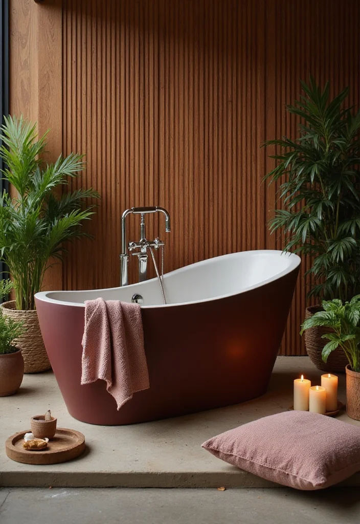 14 Maroon Bathroom Ideas With Rich Colour - 3. Luxurious Maroon Bathtub