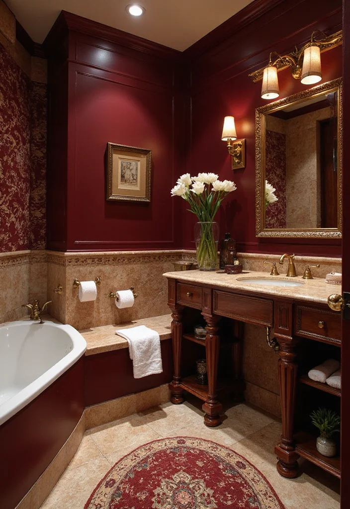 14 Maroon Bathroom Ideas With Rich Colour - 9. Maroon and Gold Combinations
