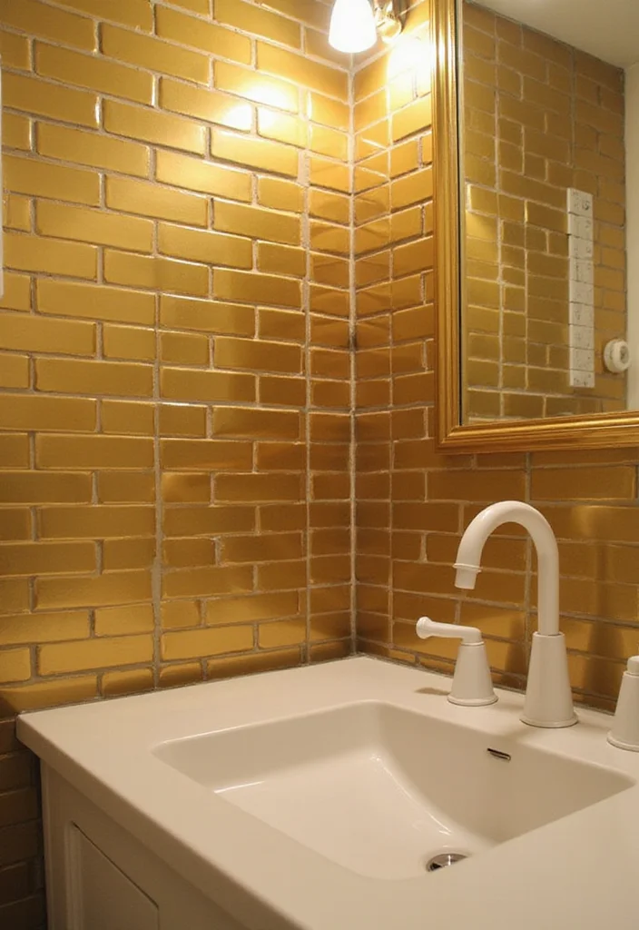 14 Metallic Tile Bathroom Ideas With Shine And Texture - 1. Dazzling Gold Subway Tiles