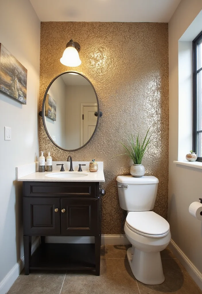 14 Metallic Tile Bathroom Ideas With Shine And Texture - 10. Wallpaper with Metallic Accents