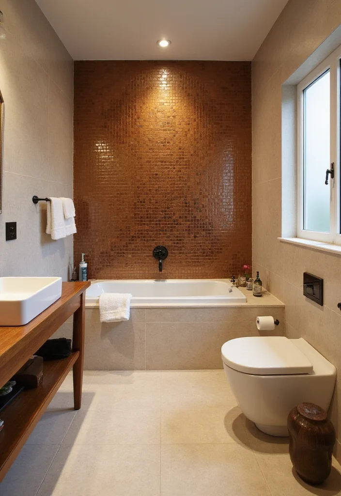 14 Metallic Tile Bathroom Ideas With Shine And Texture - 3. Bronze Accents for a Warm Touch