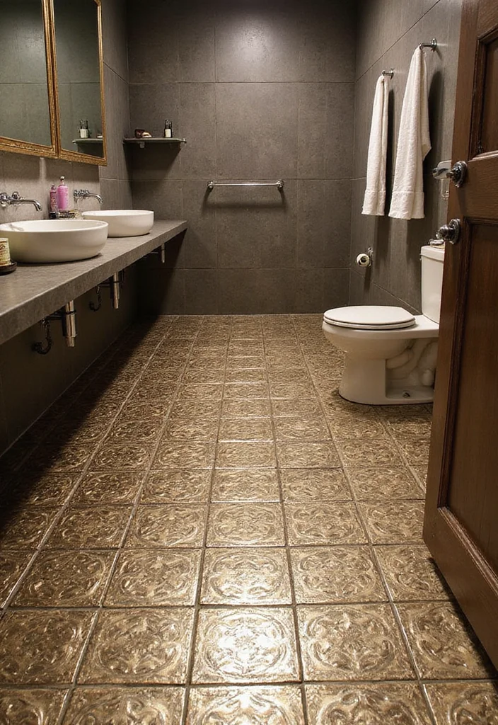14 Metallic Tile Bathroom Ideas With Shine And Texture - 6. Statement Tile Floors