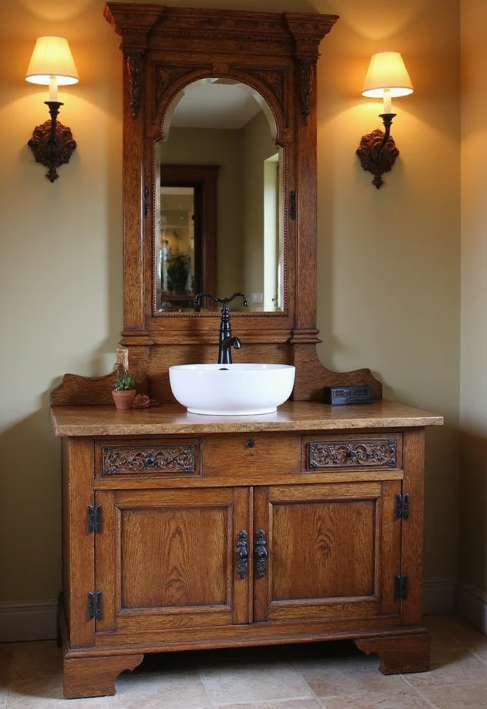 14 Oak Bathroom Vanity Ideas With Warm Style - 1. Classic Rustic Oak Vanity with Vintage Touch