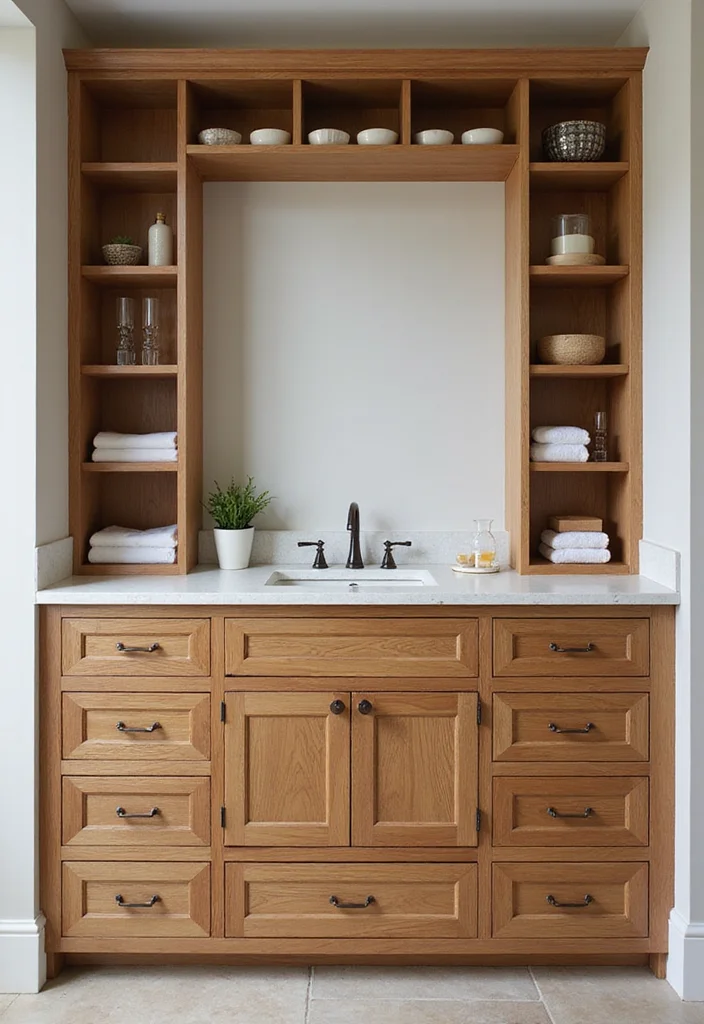 14 Oak Bathroom Vanity Ideas With Warm Style - 10. Oak Vanity with Built-In Storage Solutions