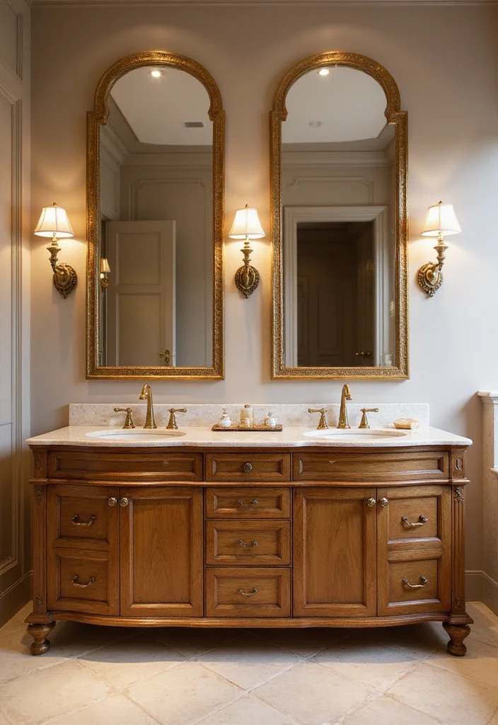 14 Oak Bathroom Vanity Ideas With Warm Style - 11. Luxurious Oak Vanity with Gold Accents
