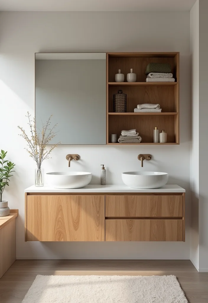14 Oak Bathroom Vanity Ideas With Warm Style - 13. Contemporary Oak Vanity with Open Shelves