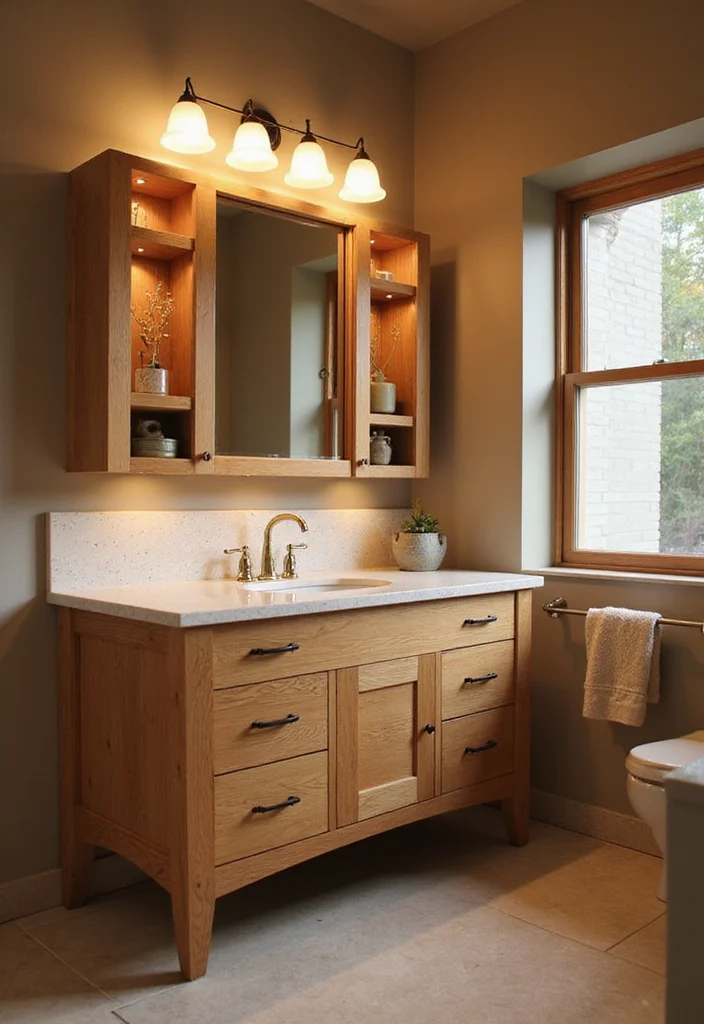 14 Oak Bathroom Vanity Ideas With Warm Style - 6. Oak Vanity with Integrated Lighting
