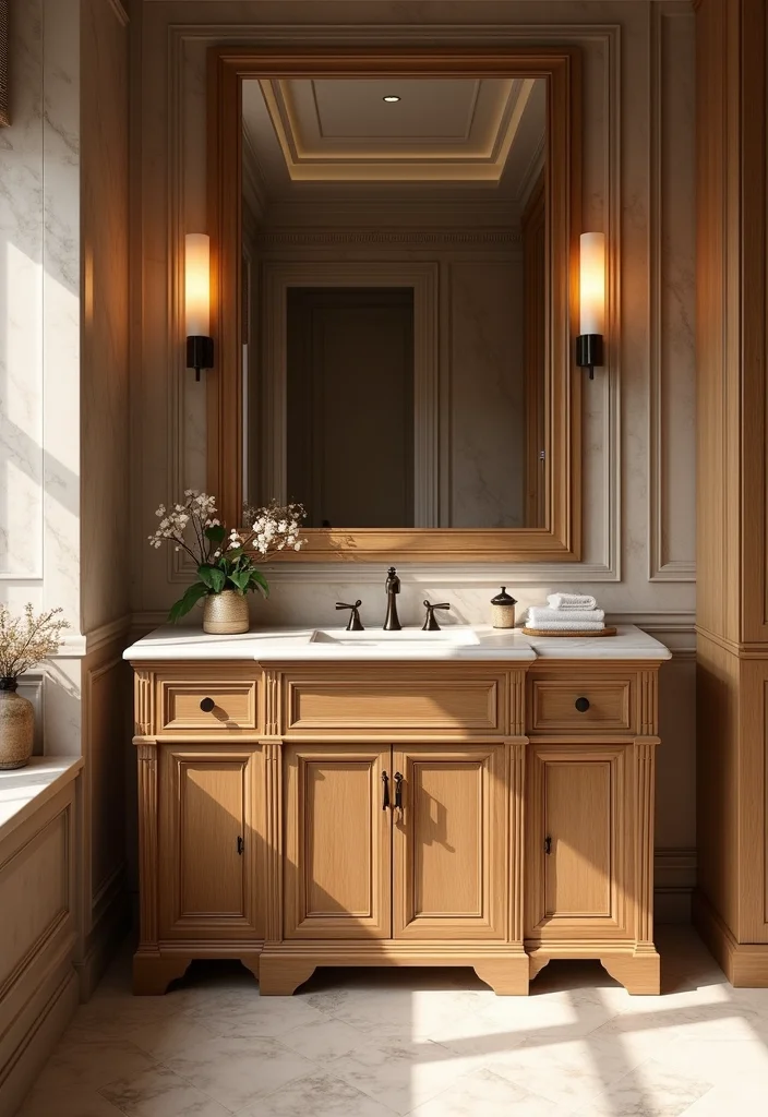 14 Oak Bathroom Vanity Ideas With Warm Style - 8. Elegant Oak Vanity with Marble Top