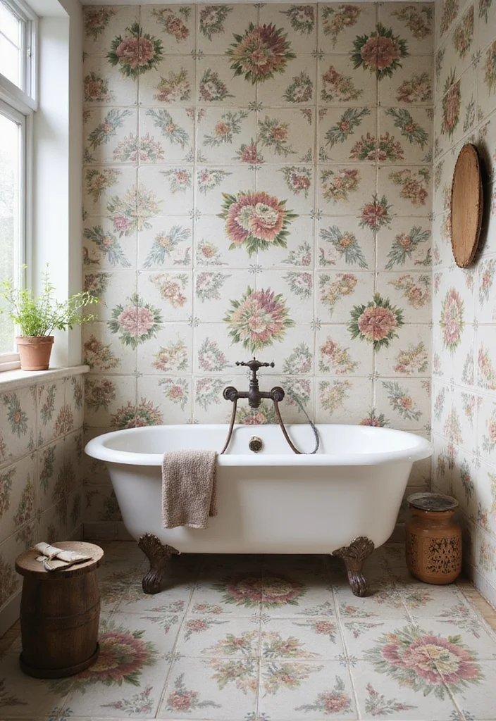 14 Old Tile Bathroom Makeover Ideas That Transform The Space - 3. Vintage Floral Tiles