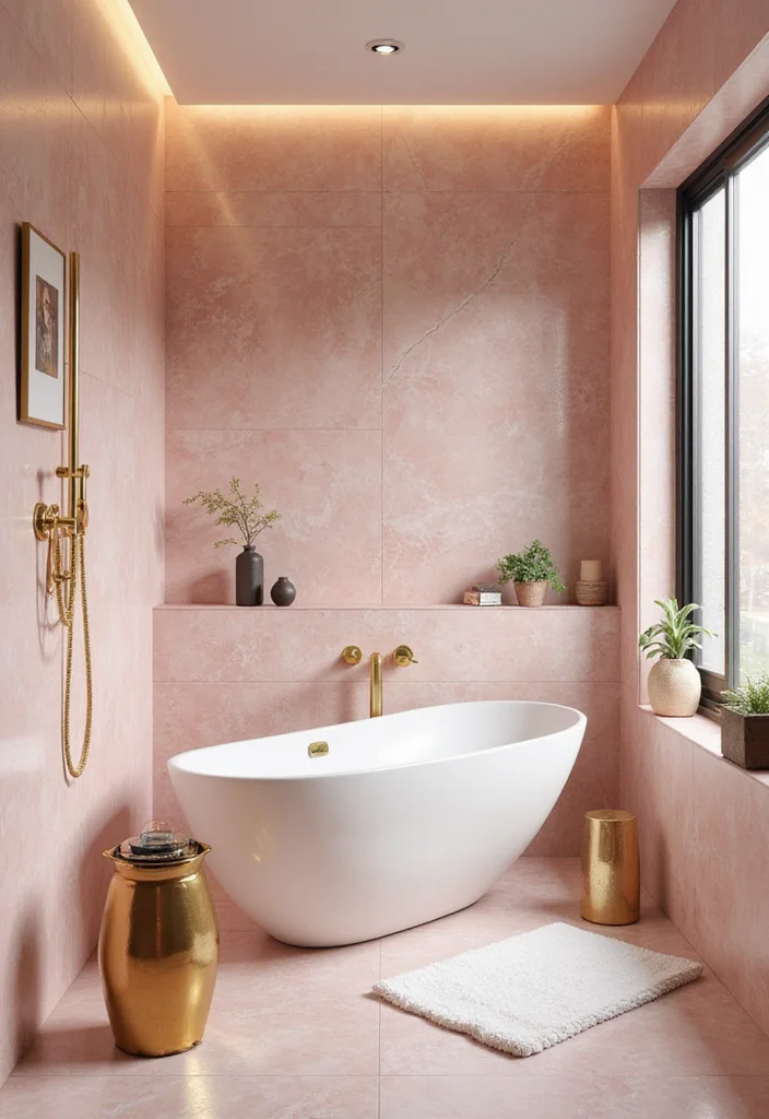 14 Pink Bathroom Tile Ideas That Feel Fresh And Fun - 14. Pink and Gold Combination Tiles