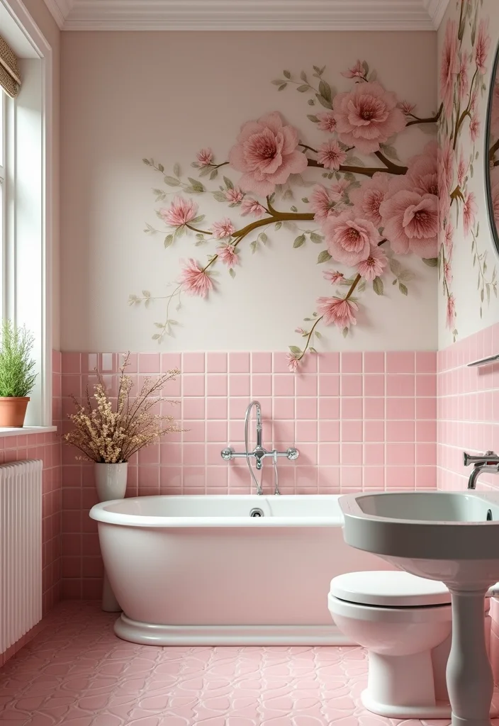 14 Pink Bathroom Tile Ideas That Feel Fresh And Fun - 6. Vintage Pink Floral Tiles
