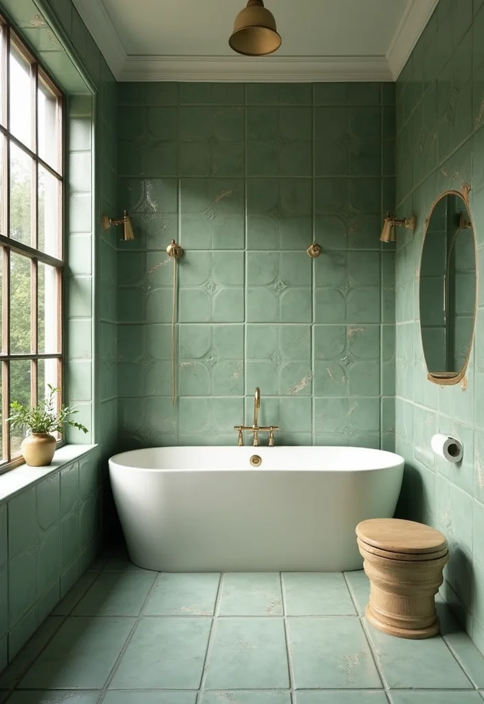 14 Sage Green Tile Bathroom Ideas With Calm Vibes - 11. Sage Green and Brass Accents