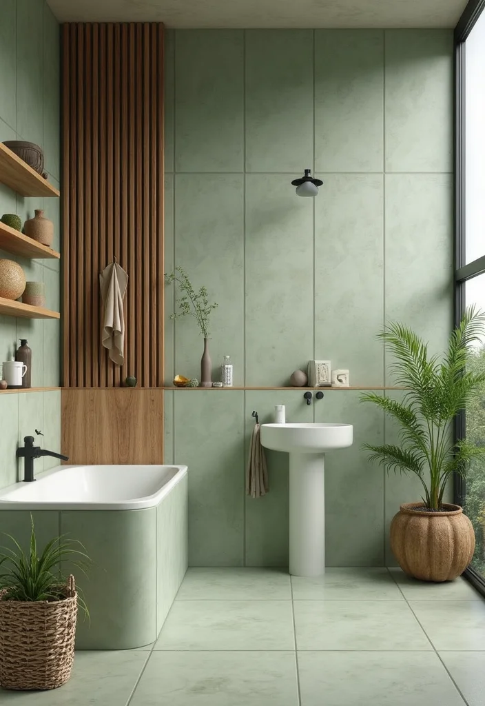 14 Sage Green Tile Bathroom Ideas With Calm Vibes - 14. Sage Green Tile and Natural Textures