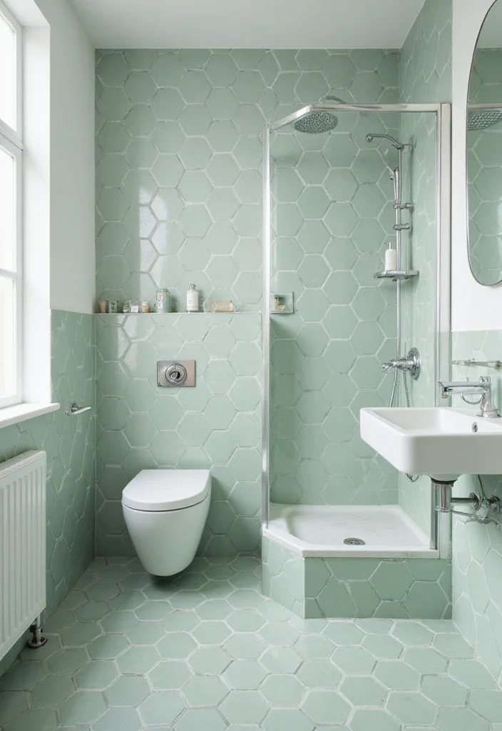 14 Sage Green Tile Bathroom Ideas With Calm Vibes - 3. Soft Sage Green Hexagonal Tiles